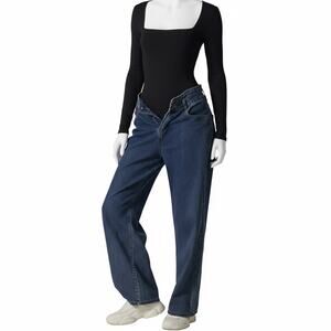 Qinsen Women's Square Neck Long Sleeve Bodysuit Black Size Small S NWT